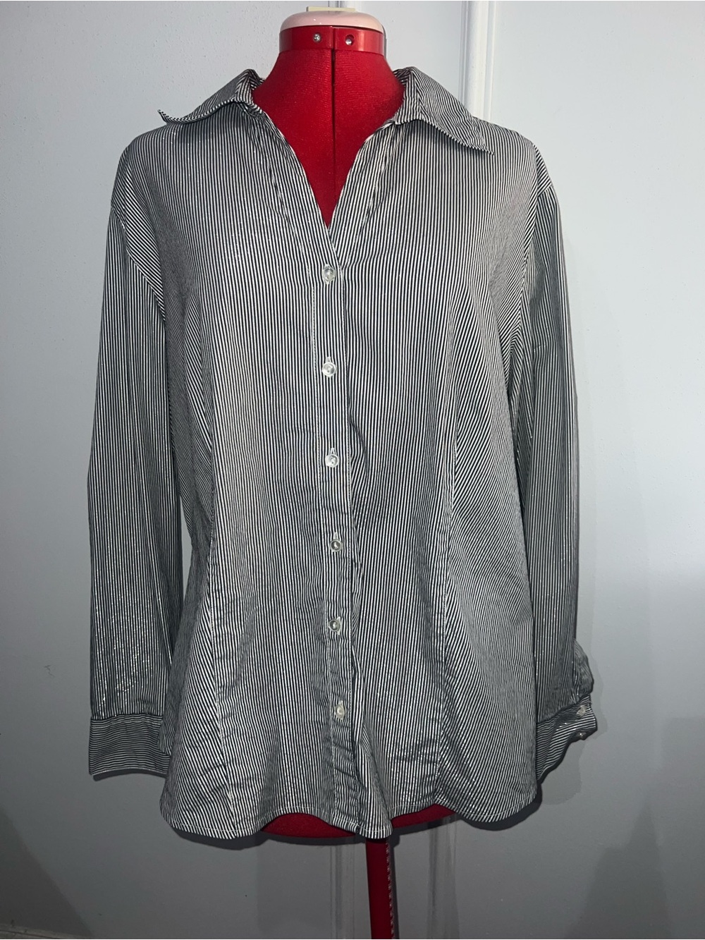 Chico's Black White Metalic Silver  Pinstripe Button-Down Shirt XL (3)